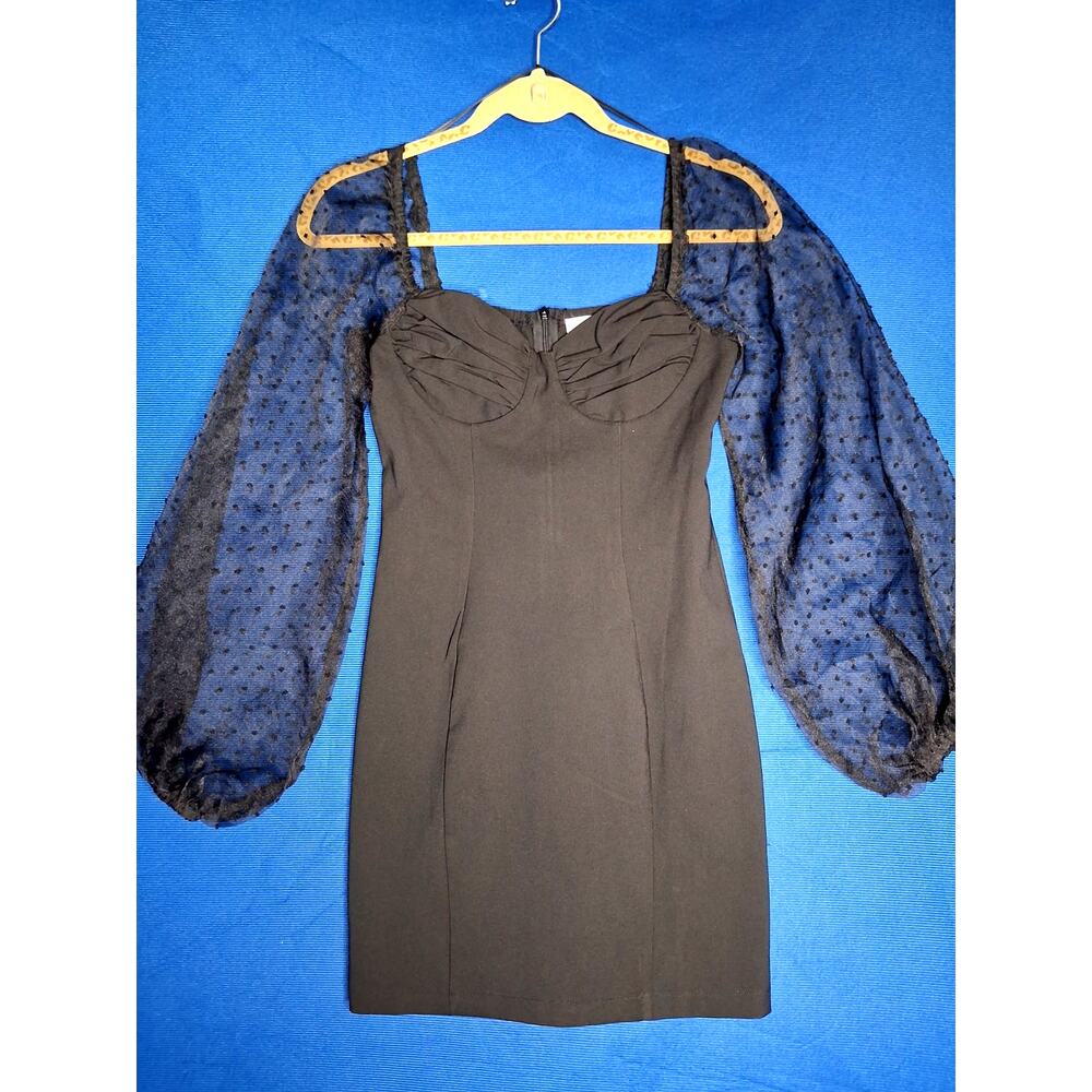 Hello Molly Black Midi Dress with Sheer Balloon Sleeves Back Zipper Size 2